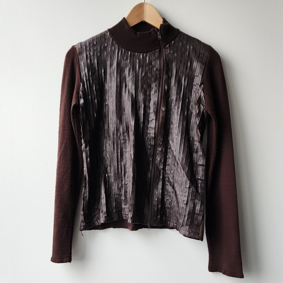 Vintage Sweaters - Vintage Pleather Strips Knit Zip Wool Blend Made in Italy Cardigan Jacket